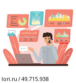 Businessman with laptop working with finance, funds and profit growth, talking on phone. Accumulating and collecting money. Savings, investor work with statistics, business planning, strategy. Businessman with laptop working with finance, funds and profit growth, investor talking on phone. Стоковая иллюстрация, агентство Ingram Publishing / Фотобанк Лори
