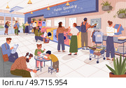 People at public laundry. Public launderette. Laundry room with washing and drying machines. Self-service laundromat. Coin laundry shop with automatic washing machines. Drying and folding clothes. People at public laundry. Public launderette. Laundry room with washing and drying machines. Self-service laundromat. Стоковая иллюстрация, агентство Ingram Publishing / Фотобанк Лори