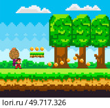 Pixel game, arcade. Retro 8 bit video game interface, computer game level up background. Landscape page of pixel game, green trees and bushes, cloudy sky with hero character and coins. Pixelated art. Pixel game, arcade. Retro 8 bit video game interface, computer game level up background. Стоковая иллюстрация, агентство Ingram Publishing / Фотобанк Лори