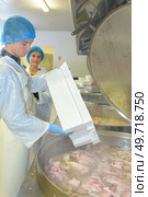 Man tipping container of chickens into vat. Стоковое фото, агентство Ingram Publishing / Фотобанк Лори