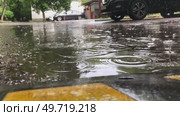 Large raindrops fall into a puddle on the road and form bubbles on the surface of the water. Стоковое видео, видеограф Ярославский Максим / Фотобанк Лори