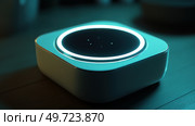 Virtual assistant represented as a glowing orb of data. dot home assistant smarthome speaker. Intelligent home assistant hub, glowing touch interface, minimal style. Стоковое AI-изображение, AI-художник ALLA YURTAYEVA / Фотобанк Лори