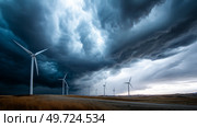 Dark shelf cloud preceding a severe thunderstorm at a wind turbine park. Beautiful thunderstorm black clouds and clouds hanging over the ground. Стоковое AI-изображение, AI-художник ALLA YURTAYEVA / Фотобанк Лори
