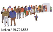 Big queue. Many multitude people. Vector illustration. The crowd was orderly, with everyone queuing in organized manner As queue moved forward, crowd people shuffled along People in queue chatted. Big queue. The queue group stood at back, patiently waiting for their turn The crowd was orderly, with everyone queuing. Стоковая иллюстрация, агентство Ingram Publishing / Фотобанк Лори
