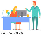 Office people worker. Vector illustration. People in office rely on their coworkers for support and cooperation Office workers contribute to success business through their dedication and hard work. Office people worker. Teamwork among coworkers fosters productive and harmonious office atmosphere. Стоковая иллюстрация, агентство Ingram Publishing / Фотобанк Лори