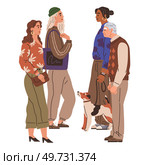 Waiting line, people queuing. Vector illustration. A group people waiting at doctors office looked bored The queue men and women for ticket counter seemed endless Standing in line csometimes lead. Waiting line, people queuing. A group people waiting for train were chatting and laughing. Стоковая иллюстрация, агентство Ingram Publishing / Фотобанк Лори