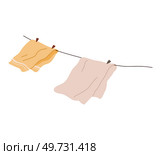 Washed clothes, towels dry outside on stretched rope. Clothing and garment care, housekeeping concept. Professional cleaning of apparel. Drying laundry on clothesline isolated on white background. Washed clothes, towels with pins dry outside on stretched rope. Drying laundry on clothesline. Стоковая иллюстрация, агентство Ingram Publishing / Фотобанк Лори