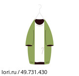 Clothes on hanger. Storage of men and women garments on hangers, apparel hanging on rack, wardrobe inner space flat vector concept. Jacket, coat, casual hoodie and trendy tshirt, pullover hanging. Clothes on hanger. Storage of men and women garments on hangers, apparel hanging on rack, wardrobe. Стоковая иллюстрация, агентство Ingram Publishing / Фотобанк Лори