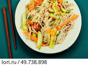 Plate with salad of enoki mushrooms or needle mushroom and vegetables. National Chinese food.. Salad with enoki or enokitake mushrooms. Стоковое фото, агентство Ingram Publishing / Фотобанк Лори