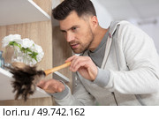 single man dusting his furnitures. Стоковое фото, агентство Ingram Publishing / Фотобанк Лори