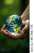 Glass glowing sphere of planet Earth In palms of hands is a ball with internal microclimate, caring for planet, clean environment, protecting ecology, geography, continents, travel. AI generated. Стоковое AI-изображение, AI-художник Ольга Симонова / Фотобанк Лори