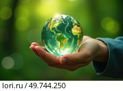 Glass glowing sphere of planet Earth In palms of hands is a ball with internal microclimate, caring for planet, clean environment, protecting ecology, geography, continents, travel. AI generated. Стоковое AI-изображение, AI-художник Ольга Симонова / Фотобанк Лори