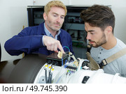 young male electrician with mentor looking at installation. Стоковое фото, агентство Ingram Publishing / Фотобанк Лори