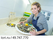 positive female shop assistant selling fresh fish and chilled seafood. Стоковое фото, агентство Ingram Publishing / Фотобанк Лори