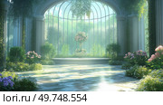 Lush greenery fills a sunlit conservatory with tropical plants and serene water features during a tranquil morning. Стоковое AI-изображение, AI-художник Михаил Коханчиков / Фотобанк Лори