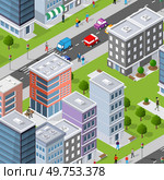 Isometric 3D illustrations of urban scenes are provided, showing skyscrapers, streets, trees, and cars. Architecture, home construction, block and park are included in the city urban area illustration. Isometric 3D illustrations of urban scenes are provided. Стоковая иллюстрация, агентство Ingram Publishing / Фотобанк Лори