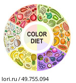 Color diet infographics. Healthy food and lifestyle concept. Antioxidant benefit nutrient.  Health and beauty benefits of vegetables and fruits. Vector illustration. Стоковая иллюстрация, агентство Ingram Publishing / Фотобанк Лори