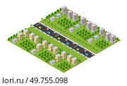 Isometric illustration of a city with a road separating apartment buildings from shops and palm trees. Isometric city with road separating apartment buildings from shops. Стоковая иллюстрация, агентство Ingram Publishing / Фотобанк Лори