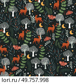 Whimsical Woodland Nightscape with Deer and Moths on dark background. Colorful seamless pattern, vector illustration. Стоковая иллюстрация, агентство Ingram Publishing / Фотобанк Лори