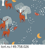 Majestic Deer in Enchanted Night Forest Pattern. Hand drawn deer in a forest with trees, flora moths and stars. Vector illustration. Стоковая иллюстрация, агентство Ingram Publishing / Фотобанк Лори