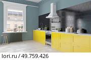 Modern kitchen with yellow cabinets and black backsplash.3D rendering. Modern kitchen with yellow cabinets and black backsplash. Стоковое фото, агентство Ingram Publishing / Фотобанк Лори