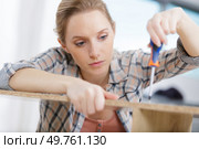 woman is screwing the screw fastening the drawer. Стоковое фото, агентство Ingram Publishing / Фотобанк Лори