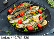 Sardines roasted with cherry tomatoes rosemary and lemon on table.. Grilled or baked sardines. Стоковое фото, агентство Ingram Publishing / Фотобанк Лори