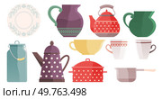 Kitchen dishes vector illustration. Pottery and crockery, as kitchen dishes, infuse character into daily meals Kitchen tools and cookware, skillfully selected, enhance cooking ritual Culinary. Kitchen dishes. Ceramic dishes, combined with kitchenware, transform meals into art. Стоковая иллюстрация, агентство Ingram Publishing / Фотобанк Лори