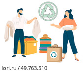 Recycling clothes. Vector illustration. Recycling clothes promotes culture sustainability and waste reduction The use recycled textiles in fashion reduces industries environmental impact Adopting zero. Recycling clothes. Zero waste fashion aims to eliminate textile waste throughout production cycle. Стоковая иллюстрация, агентство Ingram Publishing / Фотобанк Лори