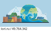 Clean city vector illustration. It adopts climate resilience strategies, promotes renewable energy, and implements sustainable transportation systems By prioritizing climate action. Clean city. The clean city metaphor embodies spirit of care and responsibility towards environment. Стоковая иллюстрация, агентство Ingram Publishing / Фотобанк Лори