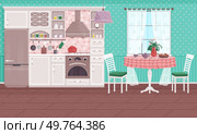 Kitchen interior vector illustration. A cosy kitchen interior concept transforms cooking into delightful experience Comfy and stylish furniture in kitchen enhances warmth family meals Homely decor. Kitchen interior. A well-equipped kitchen interior concept turns cooking into pleasurable ritual. Стоковое фото, агентство Ingram Publishing / Фотобанк Лори
