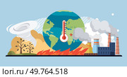 Global warming vector illustration. Global warming, unfolding drama, showcases battle between humanity and ecological equilibrium Climate crisis, turbulent chapter in story environment, unfolds. Global warming. Environmental conservation is shield, protecting fragile ecosystem from arrows co2 emissions. Стоковая иллюстрация, агентство Ingram Publishing / Фотобанк Лори