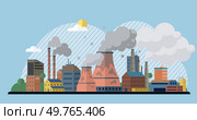 Factories vector illustration. Pollution, disruptor in environmental story, challenges resilience ecosystems Eco-processes, silent stewards, work diligently to offset impact industrialization. Factories. Manufacturing, heartbeat industry, echoes through chambers manufactory and factory alike. Стоковая иллюстрация, агентство Ingram Publishing / Фотобанк Лори
