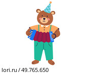 Animal music vector illustration. Happy beasts come together in joyful music party within enchanted zoo celebrate with cheerful music band, turning zoo into lively event. Bear plays the accordion. Animal music. Creatures come together to perform cheerful melody, creating magical zoo. Bear plays the accordion. Стоковая иллюстрация, агентство Ingram Publishing / Фотобанк Лори