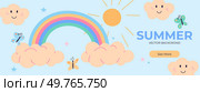 Charming vector illustration captures the essence of summer with smiling clouds, a vibrant rainbow, and playful butterflies under a warm sun, ideal for seasonal designs. Cheerful Summer Day Scene with Playful Clouds and Rainbow. Стоковая иллюстрация, агентство Ingram Publishing / Фотобанк Лори