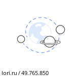 Simplified illustration of planetary system with Earth, a ringed planet, and two smaller planets orbiting. Modern minimalistic style focused on space exploration, cosmology, or astronomy themes.. Minimalistic planetary system icon representing space exploration and cosmic concepts. Стоковая иллюстрация, агентство Ingram Publishing / Фотобанк Лори