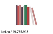Five books arranged neatly with spines facing forward, standing upright on a surface, with one book leaning. The color palette includes muted reds, greens, and neutrals, perfect for home decor.. Minimalist book arrangement with five books in neutral tones standing upright, one book slightly askew. Стоковая иллюстрация, агентство Ingram Publishing / Фотобанк Лори