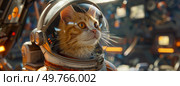 A cat in a space suit up close, showcasing the details of the suit and the felines curious expression.. Close Up of a Cat in a Space Suit. Стоковое фото, агентство Ingram Publishing / Фотобанк Лори