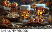 Two full mugs of beer placed on a wooden table.. Two Mugs of Beer on Table. Стоковое фото, агентство Ingram Publishing / Фотобанк Лори