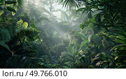 Lush green plants cover the forest floor, creating a dense and vibrant environment filled with life.. Dense Green Plant Life in Forest. Стоковое фото, агентство Ingram Publishing / Фотобанк Лори