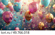Multiple colorful balloons floating in the air against a clear sky.. Floating Bunch of Balloons. Стоковое фото, агентство Ingram Publishing / Фотобанк Лори