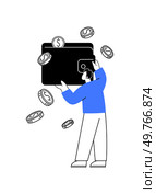 Person holding an oversized wallet with floating coins, representing a digital wallet and cryptocurrency. Applicable in fintech, digital payments, cryptocurrency, blockchain, and online finance.. Person holding oversized wallet with floating coins, representing digital wallet and cryptocurrency. Стоковая иллюстрация, агентство Ingram Publishing / Фотобанк Лори
