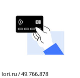 A hand holding a credit card featuring contactless payment symbol. Financial transaction, fintech, banking, secure payments, mobile wallet concepts are illustrated in this vector.. Illustration of a hand holding a credit card with contactless payment symbol. Financial transaction tech. Стоковая иллюстрация, агентство Ingram Publishing / Фотобанк Лори