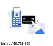 Vector image of a hand holding a credit card near a card reader. Perfect for illustrating digital payments, contactless transactions, fintech, banking technology, and modern payment systems.. Hand holding a credit card near a card reader. Digital payment method, contactless transactions concept. Стоковая иллюстрация, агентство Ingram Publishing / Фотобанк Лори