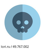 A minimalist vector graphic of a skull on a blue circle, symbolizing mortality, environmental hazards, and danger. Suitable for cautionary visuals and safety campaigns.. Illustration of a skull on blue circle background symbolizing mortality and environmental hazards. Стоковая иллюстрация, агентство Ingram Publishing / Фотобанк Лори