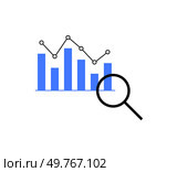 Bar graph and line chart with a magnifying glass icon, representing data analysis, research, or business intelligence. Ideal for statistical, economic, or technology-related visual content.. Bar Graph and Line Chart with Magnifying Glass Icon Depicting Data Analysis or Research. Стоковая иллюстрация, агентство Ingram Publishing / Фотобанк Лори