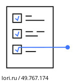 A minimalistic design shows a checklist with three checked boxes, horizontal text lines, and a connecting blue line. Ideal for to-do lists, task management, organization, planning, and productivity.. Checklist with Three Completed Items and Connecting Line in Minimalist Style. Стоковая иллюстрация, агентство Ingram Publishing / Фотобанк Лори
