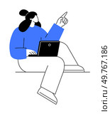 Woman seated with a laptop, pointing upwards. Ideal for work, creativity, technology, communication, business. The style is minimalist with bold blue and white colors.. Woman sitting with a laptop, pointing upwards, wearing blue sweater and white pants. Стоковая иллюстрация, агентство Ingram Publishing / Фотобанк Лори