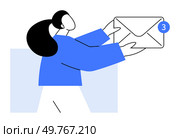 Person in blue shirt and white pants holding an envelope with a notification indicating three new messages. Ideal for email marketing, notifications, messaging apps, communication tools, newsletters.. Person in blue receiving email with new message notification shown as a blue circle with number 3. Стоковая иллюстрация, агентство Ingram Publishing / Фотобанк Лори