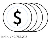 Simple design with four overlapping coins, each featuring a dollar symbol. Ideal for financial topics, banking, money management, economics, and savings. Crisp black and white vector illustration.. Stack of Coins with Dollar Symbol in Minimalist Black and White Style. Стоковая иллюстрация, агентство Ingram Publishing / Фотобанк Лори